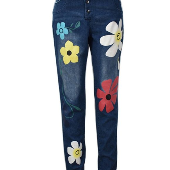 Worn Dark Blue Flower Prints, Button Fly runs small - Picture 2 of 2